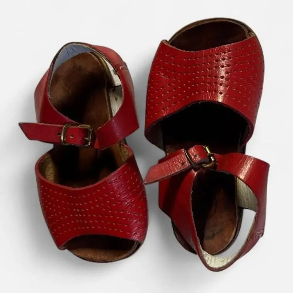 Vintage 0-6 months newborn baby cherry red leather baby sandals